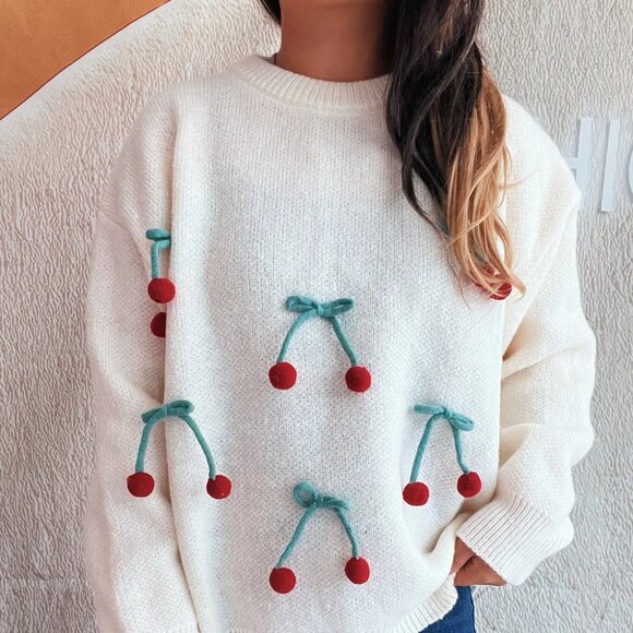 Cherry Round Neck Long Sleeve Sweater - Picture 1 of 16